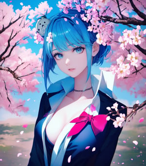 1girl, solo, long hair, breasts, looking at viewer, blush, smile, bangs, blue_hair,blue eyes, shirt, hair ornament, ribbon, tiny breasts, blue hair, hair ribbon, upper body, pink hair, flower, multicolored hair, parted lips, hair flower, streaked hair, petals, hair intakes, blue ribbon, cherry blossoms, pink flower
