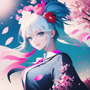 1girl, solo, long hair, looking at viewer, blush, smile, bangs, blue_hair,blue eyes, shirt, hair ornament, ribbon, blue hair, hair ribbon, upper body, pink hair, flower, multicolored hair, parted lips, hair flower, streaked hair, petals, hair intakes, blue ribbon, cherry blossoms, pink flower,hoshino