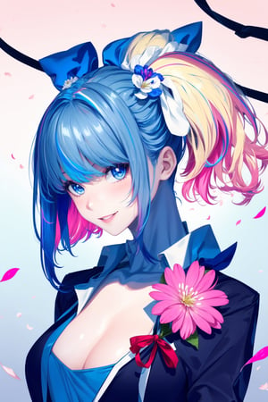 1girl, solo, long hair, breasts, looking at viewer, blush, smile, bangs, blonde_hair,blue eyes, shirt, hair ornament, ribbon, medium breasts, blue hair, hair ribbon, upper body, pink hair, flower, multicolored hair, parted lips, hair flower, streaked hair, petals, hair intakes, blue ribbon, cherry blossoms, pink flower