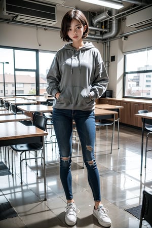 1girl,blown hair,short hair,gray over size hoodie ,
indigo skinny jeans,black all star sneaker,standing,indoors,class_room,