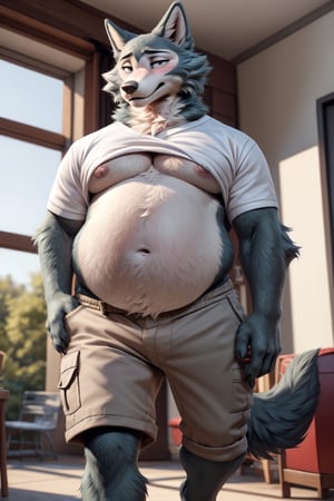 by personalami, by hioshiru, by zackary911, by null-ghost), male, anthro_wolf, solo, legoshi_(beastars), fat body, college, standing, really small print tshirt surrounding moobs, riding up belly, big moobs, bottom wear, cargo shorts, safe, standing, soft, claws, black pupils, (fat:1.0), soft body, (correct anatomy:)7.0, Big belly, detailed belly, a person in his belly, (detailed clothing), natural lighting, best quality, legoshi, big belly, big pecs, best quality,soft belly, blushing,person in belly, pudgy belly, fat rolls, flabby arms, fluffy cheeks, embarrassed, belly wrapped in tight shirt