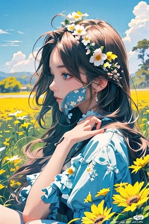 A mesmerizing girl sitting on a rock and a field full of flowers. (Masterpiece, top quality, best quality, official art, beautiful and aesthetic:1.2), (1girl:1.4), portrait, extreme detailed, highest detailed, photorealistic, ,pastel