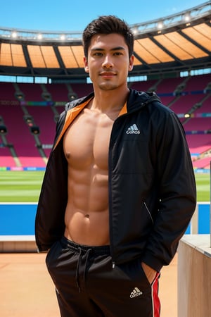 Imagine a scene where a 23-year-old mixed Indonesian-European man stands inside an Olympic stadium, facing the camera, wearing a dark colour full-body tracksuit looking sporty. The stunning backdrop shows the inside of the stadium during the day, creating an alluring atmosphere.

In this highly detailed (half-length) and photorealistic studio shot, the man is perfectly captured from head to toe. The indoor stadium backdrop is brilliantly lit, ensuring no distractions from the yellow light. The image is a masterpiece of photography, displaying top quality, extreme realism, and careful nuance. Every detail is razor-sharp, with the focus on the man’s handsome, stalwart face.

Imagine the attributes of the subject: standing 180 cm tall, fit, with a light brown skin that complements his Asian skin tone. His black hair, neatly parted on the left, adds to the sophisticated look, dark brown eyes, charismatic smile, and oval face with slightly chubby features.

The camera setup used to capture this vibrant and detailed image included a Canon EOS 5D Mark IV, equipped with an 85mm f/1.8 lens, set at f/4.0, ISO 100, and a shutter speed of 1/500th of a second. The result is a highly realistic depiction, featuring a handsome man against the backdrop of the interior of the Olympic stadium.