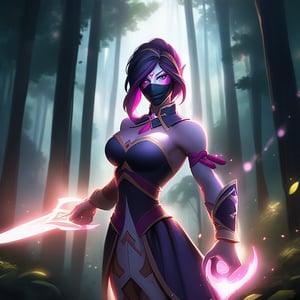 A striking portrait of Templar Assassin, featuring her with large, prominent breasts, topless. She stands confidently in a lush, forest setting, with dappled sunlight filtering through the trees, creating a natural spotlight on her. Her expression is fierce and determined, with a hint of defiance. She holds a gleaming sword in one hand, the other hand resting on her hip, accentuating her powerful physique. The composition is centered on her, with the forest background adding depth and contrast to her bold stance.