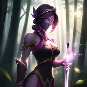 A striking portrait of Templar Assassin, featuring her with large, prominent breasts, topless. She stands confidently in a lush, forest setting, with dappled sunlight filtering through the trees, creating a natural spotlight on her. Her expression is fierce and determined, with a hint of defiance. She holds a gleaming sword in one hand, the other hand resting on her hip, accentuating her powerful physique. The composition is centered on her, with the forest background adding depth and contrast to her bold stance.