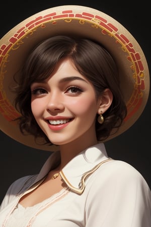 smiling face, animated, round, no details, just the face, with a large mariachi hat, male, meme,dark background.