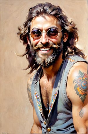 Oil painting portrait, standing full body of hippie man, oblique side angle, sunglasses, very detailed beard, art of John Singer Sargent, hair detail, eyes detail, hair and beard detail, focus on eyes, Hippie neck and shoulder tattoo, wearing vest and smiling, poster style