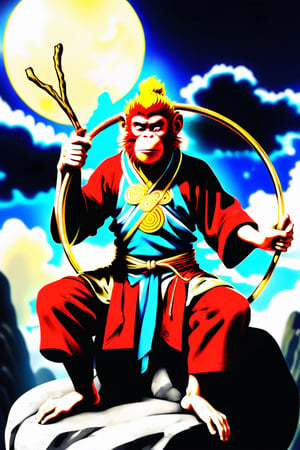 Monkey King, the Monkey King, is wearing a torn cloth/this is his war robe. He is holding a golden hoop in his right hand. This is a golden stick standing on the ground with his hands on it. Sun Wukong is sitting on a big stone. He It was so huge that the height he sat at was higher than the clouds, and the clouds passed in front of him.