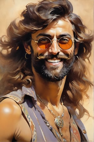 Oil painting portrait, upper body of hippie man, oblique side angle, sunglasses, very detailed beard, art of John Singer Sargent, hair detail, eye detail, hair and beard detail, focus on eyes, hippie Neck and shoulder tattoo, wearing vest and smiling, poster style