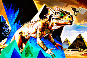 full body portrait, lizard man, wizard character, scales, wizard, mage, bronze dragon, dragonborn, anthropomorphic, creature, mottled, illustration, sunburn, lizard man, emerald green eyes, realistic fantasy artwork, fantasy background, leather , Egyptian Pyramids and Sphinx,