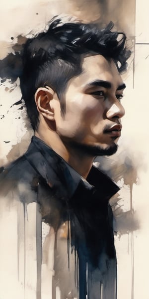 In the style of Casey Baugh, a handsome oriental man emerges from the depths of darkness, her essence being a fusion of handsomeness and intelligence.  With his piercing eyes and heavy metal band's ebony hair, he exudes an aura of mystery that draws the audience into his world.  Bao's brushstrokes imbue the painting with a unique blend of realism and abstraction, highlighting the Oriental boy's delicate features and contrasting with the deep, rich tones.  The interplay of light and shadow adds depth and dimension to the artwork, creating a hauntingly beautiful portrait of this Gothic muse.  Baugh's unique style captures the essence of a man's mysterious nature, inviting the viewer to explore the depths of her soul, nsfw, portrait art, portrait art style, 1 boy, ink