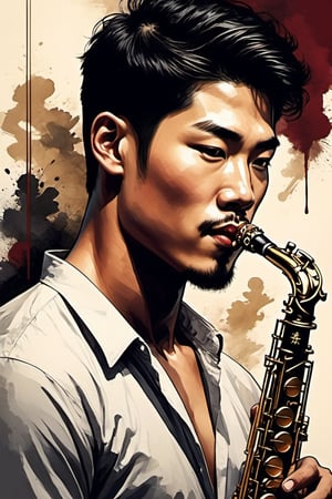 In the style of yingjer lin, play saxophone,a handsome oriental man emerges from the depths of darkness, her essence being a fusion of handsomeness and intelligence.  With his piercing eyes and heavy metal band's ebony hair, he exudes an aura of mystery that draws the audience into his world.  Bao's brushstrokes imbue the painting with a unique blend of realism and abstraction, highlighting the Oriental boy's delicate features and contrasting with the deep, rich tones.  The interplay of light and shadow adds depth and dimension to the artwork, creating a hauntingly beautiful portrait of this Gothic muse.  Baugh's unique style captures the essence of a man's mysterious nature, inviting the viewer to explore the depths of her soul, nsfw, portrait art, portrait art style, 1 boy, ink,comic book