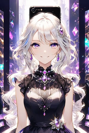 solo, looking at viewer, smile, 1girl, purple eyes, white hair, female focus, formal, dress, gem, fake screenshot, phone screen