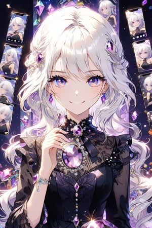 solo, looking at viewer, smile, 1girl, purple eyes, white hair, female focus, formal, dress, gem, fake screenshot, phone screen