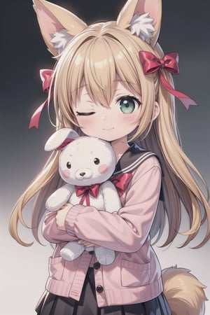 1girl, solo, long hair, looking at viewer, blush, smile, bangs, skirt, shirt, long sleeves, white background, bow, animal ears, hair between eyes, green eyes, closed mouth, school uniform, jacket, tail, hair bow, pleated skirt, sailor collar, red bow, animal ear fluff, sleeves past wrists, stuffed toy, light brown hair, cardigan, stuffed animal, white bow, sleeves past fingers, pink shirt, white sailor collar, object hug, stuffed bunny, pink jacket, holding stuffed toy, pink cardigan,one eye closed