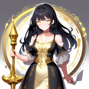 Sibyl System Tech logo, 1 girl, 9black hair, golden eyes:1.1) With a tall figure, there is a feeling that strangers are not allowed to approach you 
there is a long skirt (There are delicate patterns on it:1.1)(holding scepter:1.2)


