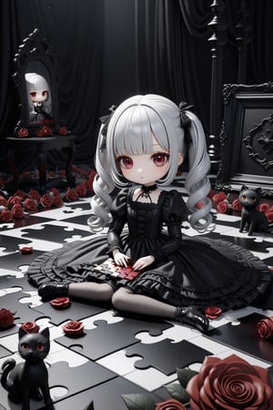 (3D-figure,chibi,blythe-doll,)(masterpiece,ultra detailed,high-quality,8k,professional,UHD,)Gothic theme, dark theme, black gothic dress, gothic makeup, Monochrome gothic room, lying on the ground and playing jigsaw puzzle, hair ornaments, white hair,(blunt  bangs, curly hair,twin ponytails),red eyes,ruby-like eyes,black carpet floor,black cats,roses
