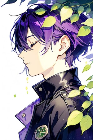 solo, short hair,purple hair, 1boy, jacket, closed eyes, upper body, male focus, from side, black jacket, profile, leaf