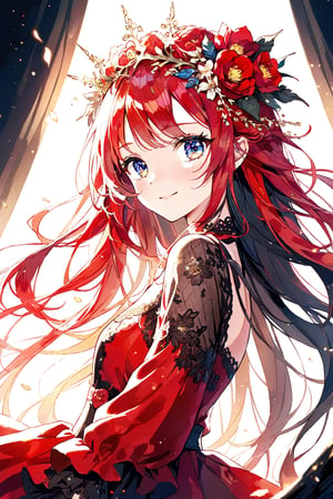 a girl with long hair, (colorful hair:1.3), 
wearing a red dress with gold flower crown, , highly detailed eyes, , cinematic image,b soft light, perfecteyes eyes, smile,
detailed cloth texture, detailed hair , masterpiece, top quality, aesthetic, 8K, 16K, ultra Realistic, 
more detail XL,red haired girl ,blck hair,gold eyes,smile