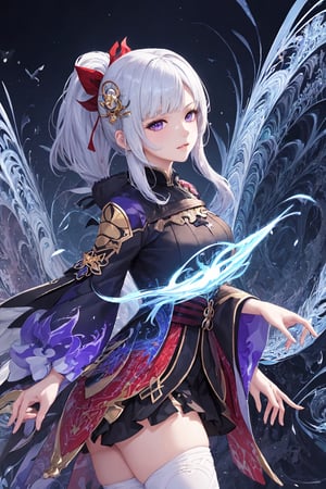 (masterpiece, top quality, best quality, official art, beautiful and aesthetic:1.2), (1girl), extreme detailed,(fractal art:1.3),colorful,highest detailed

1girl, japanese clothes, ponytail ,white hair, purple eyes, magic circle, blue fire, blue flames, wallpaper, landscape, blood, blood splatter, depth of field, night, light particles, light rays, sidelighting, thighs, fate \(series\), genshin impact, ****, open jacket, skirt, thighhighs, cloud