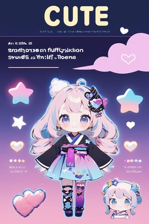 Cute little girl, deformation, smile, Cinderella-chan, a fusion of Japanese-style fashion, Cinderella, kimono-inspired dress and Japanese-style accessories, Japanese-style details, highlighting and breaking the unique integration of style ((Text "Cute": 1.3)), (("Fluffy" Text: 1.3)), Heart \(Symbol\), Star \(Symbol\), Pastel Goth, Colorful, Chibi Emote Style, Art Tint, Sticker