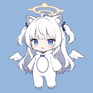 chibi, masterpiece, made by a master, 4k, perfect anatomy, perfect details, best quality, high quality, lots of detail.
(solo),1girl, ((angel)), ((white hair)), very long hair, (two side up), blue eyes, (curly hair:1.2), (wavy hair), (hair curls), (bangs), (two side up), two ((blue)) hair ties on head, (Double golden halo on her head), choker, ((angel wings)), ahoge, fang, (Cat puppet costume), single, looking at viewer, (flat face,) (poker face), (full body) ,Emote Chibi. cute comic,simple background, flat color, Cute girl,Chibi Style,