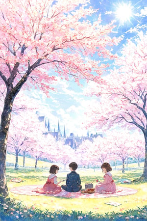 By Van Gogh, sunshine spring with many sakura trees, oil painting, highly detailed, sharpness, dynamic lighting, super detailing, van gogh sight background, painterley effect, post impressionism, ,oil painting, 2d-dimension_animated, masterpiece, cartoon, 1boy with black short hair, 1girl with brown long hair, pink vintage dress sitting together, having picnic at grass,children's picture books