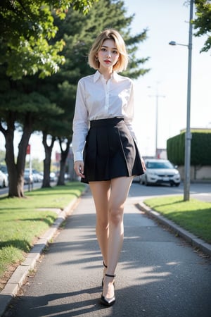 1girl , japanese girl , 18 year old , perfect body , hot body, perfect face , model poses , standing, big bresat:1.7 , blonde hair , short hair,simple tiy earrings, ((white skin)) , makeup,best resolution, best quality, ((masterpiece)), day, sunlight , park, uniform ,full_body,upskirt,