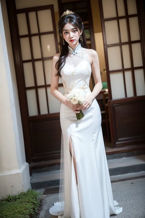 1 japanese girl, 185cm tall, solo,best resolution, model poses, best quality, masterpiece, perfect face, juicey lip, white shiny skin, big bresat:1.7, looking at viewer, short black hair, gold hair ornament,She wears her hair in a bun,((chinese type wedding dress)), standing, flower,chinese tea house ,s-shape body:1.75,full body,chinese wedding,