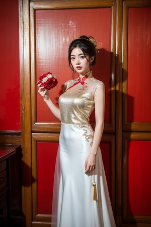 1 japanese girl, 185cm tall, solo,best resolution, dynamic poses, best quality, masterpiece, perfect face, juicey lip, white shiny skin, big bresat:1.7, looking at viewer, short black hair, gold hair ornament,((red color Chinese wedding dress)), standing, flower,red color room