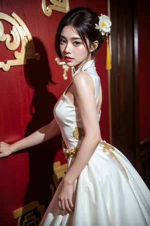1 japanese girl, 185cm tall, solo,best resolution, dynamic poses, best quality, masterpiece, perfect face, juicey lip, white shiny skin, big bresat:1.7, looking at viewer, short black hair, gold hair ornament,((red color Chinese wedding dress)), standing, flower,red color room,s-shape body:1.75,Samme