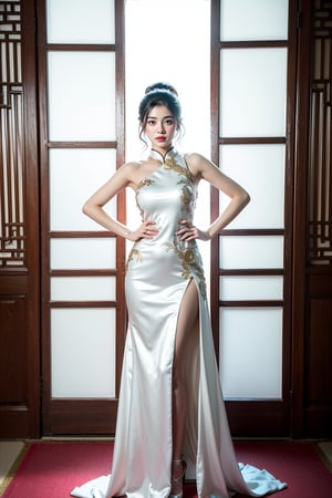 1 japanese girl, 185cm tall, solo,best resolution, dynamic poses, best quality, masterpiece, perfect face, juicey lip, white shiny skin, big bresat:1.7, looking at viewer, short black hair, gold hair ornament,Chinese wedding dress, standing, flower,red color room , 