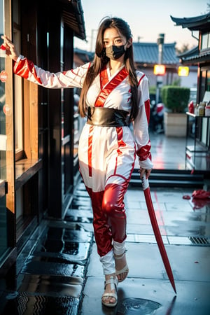 1 japanese girl, 20 year old , 182cm tall ,best resolution, model poses, (full body view),best quality, masterpiece, perfect face, juicey lip, white shiny skin,(perfect model body),(long skinny legs), looking to the viewer ,((red and white Ninja costume set:1.7)),deep V costume , ninja skirt,((Ninja mask)), Holding Huge sword, Traditional Japanese Architecture ,outdoor,night ,