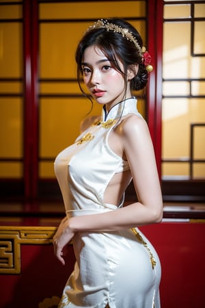 1 japanese girl, 185cm tall, solo,best resolution, dynamic poses, best quality, masterpiece, perfect face, juicey lip, white shiny skin, big bresat:1.7, looking at viewer, short black hair, gold hair ornament,((red color Chinese wedding dress)), standing, flower,red color room,Samme