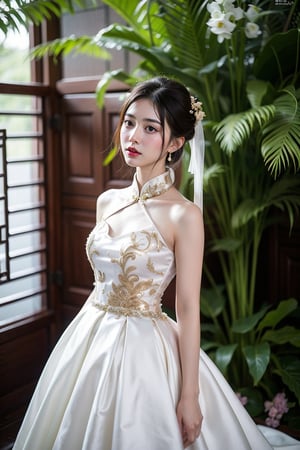 1 japanese girl, 185cm tall, solo,best resolution, model poses, best quality, masterpiece, perfect face, juicey lip, white shiny skin, big bresat:1.7, looking up, short black hair, gold hair ornament,She wears her hair in a bun,((chinese type wedding dress)), standing, flower,chinese tea house ,s-shape body:1.75,cowboy_shot