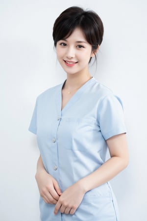 A beautiful Taiwanese girl, dressed as a pretty nurse, with short hair, smile, heavy breasts, wearing a front-open ultra-thin nurse uniform, pure white background, photo photography style, light and shadow reflection, high image quality, high pixels, high resolution, high detail,