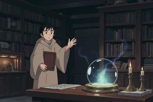 Studio ghibli anime style of a young apprentice wizard, wearing a simple robe and clutching an old leather-bound book, stands in the center of a dimly lit study. Shelves overflowing with ancient scrolls and dusty tomes line the walls, while candles flicker atop a cluttered wooden desk. In front of the apprentice, a glowing, ethereal orb hovers in the air, casting a soft light across the room. His brow furrowed in concentration, the apprentice tentatively raises his hand towards the orb, as wisps of magic swirl around his fingers. The air is thick with the sense of discovery and the unknown, as the apprentice takes his first steps into the world of magic.