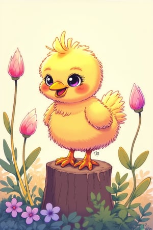 A whimsical illustration of a fluffy, glowing, neon-infused baby chicken with a tiny beak perched on a wooden log. The chicken's feathers are soft, fluffy, and spiky, giving it an adorable, slightly disheveled appearance. The background contains delicate flowers with very long stems, set against a light, textured backdrop. Rainbow colors and bas-relief are present. The overall scene is charming and evokes a sense of innocence and curiosity.