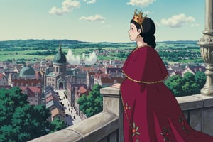 Studio ghibli anime style of a regal queen, adorned in a flowing velvet gown embroidered with golden threads, stands on the balcony of her castle, gazing out over her sprawling kingdom. Her crown, encrusted with jewels, glints in the soft morning light, and her expression is one of quiet dignity and strength. Below, the city bustles with life as people go about their day, unaware of the ruler’s contemplative watch. In the distance, rolling hills and dense forests stretch toward the horizon, where a hint of mist lingers in the early morning air. The scene feels grand yet intimate, capturing the queen’s solitude amidst her vast responsibilities.