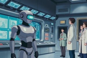 anime style image of a sleek, metallic robot stands in a futuristic lab, its eyes glowing a cool, cerulean blue as it scans the room with precise, calculated movements. Various screens and control panels line the walls, displaying streams of data and holographic images. The robot’s design is minimalistic yet elegant, its movements smooth and almost human-like. Scientists in white lab coats observe it from behind a glass wall, their expressions a mix of awe and caution. The room is silent except for the hum of machinery, adding a sense of anticipation to the scene, as if the robot is on the verge of achieving something extraordinary.

