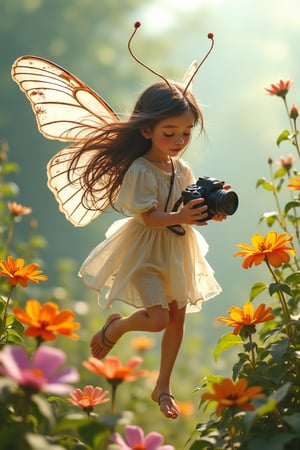 a young woman transformed into a delicate butterfly-inspired creature, complete with intricate wings and a long, flowing hairstyle. She is equipped with a professional camera, skillfully capturing the essence of nature. The cinematic scene features her gracefully leaping from flower to flower in a vibrant, lush garden. The background is a blend of soft pastel colors and gentle shadows, creating a whimsical and enchanting atmosphere.