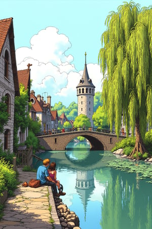 franco-belgian comic illustration with spirouEtFantasio style of a peaceful riverside scene in a cozy french village. A narrow, stone-paved path runs along the edge of a calm river, where a couple is sitting. In the background, a historic stone bridge arches over the water, leading to a picturesque tower with a conical roof. The village buildings are made of stone and covered with ivy, blending seamlessly with the natural surroundings. On the right, tall weeping willow trees add to the serene atmosphere, their branches gently touching the water. The day is sunny.