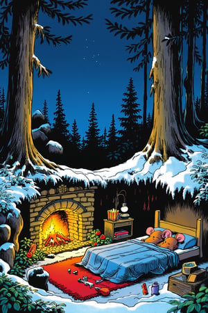 franco-belgian comic illustration with spirouEtFantasio style of a cozy underground scene featuring a couple of married mice sleeping peacefully in a wooden bed, covered with a blue-and-white checkered blanket. The mouse's home appears to be a burrow beneath a snow-covered forest. Inside the burrow, there is a warm, inviting fireplace made of stones, with flames burning brightly. Next to the bed is a small nightstand with books and a lamp, and a red rug decorates the floor. Above ground, large trees stand tall against a starry night sky, while snow blankets the landscape, creating a serene, wintery atmosphere. The scene feels calm, warm, and comforting.