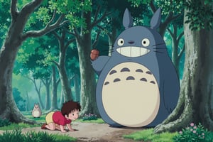 anime style image of a serene and enchanting forest scene from the animated film "My Neighbor Totoro." In the foreground, a large, blue, and fluffy creature known as Totoro is seen standing on the forest floor, holding a small acorn in one hand. Totoro has a friendly and gentle expression, with large, round eyes and a wide, smiling mouth. To the left, a young girl with short, brown hair and wearing a red shirt and shorts is crawling on the ground, exploring the forest. She appears curious and engaged with her surroundings. Nearby, a smaller, white creature with a round body and short legs, known as Chibi-Totoro, is also present, adding to the whimsical atmosphere. The background is filled with dense, green foliage and intertwined tree branches, creating a magical and immersive forest environment. The overall mood of the image is peaceful and enchanting, capturing the essence of the film's focus on nature and friendship.