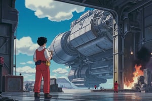 Studio ghibli anime style of a young engineer, wearing a grease-streaked jumpsuit, stands on the edge of a sprawling space station’s hangar, gazing up at a massive starship undergoing repairs. Sparks fly as workers in exosuits weld new panels onto the ship’s hull, and the distant hum of machinery fills the air. The engineer's tool belt hangs heavy at her waist, and she holds a tablet displaying schematics and diagnostics. Above, the planet they orbit looms large, its surface dotted with swirling clouds and vast oceans. The scene captures the scale of space travel, the fusion of human ingenuity and the boundless frontier beyond.