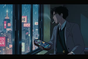 Studio ghibli anime style of a cyberpunk detective leans against the rain-streaked window of a high-rise apartment, the neon lights of the city outside casting a kaleidoscope of colors across his worn trench coat. In one hand he clutches a cigarette. His other hand rests on a small holographic device, displaying various clues and leads. The room is dim, with only the soft hum of electronic equipment breaking the silence. Outside, the city’s pulse continues, with hovercars zipping by and towering billboards flashing ads in countless languages. The detective’s face is shadowed, his expression unreadable, as he contemplates his next move.