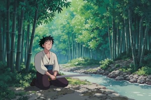 Studio ghibli anime style of a lone samurai kneels in a serene bamboo forest, his katana resting across his lap, the blade gleaming in the soft dappled sunlight that filters through the towering stalks. His expression is calm and focused, his eyes closed in meditation as the gentle rustling of leaves and distant calls of birds fill the air. The ground is covered in a layer of fallen leaves, and a nearby stream flows quietly, its water clear and reflective. The atmosphere is peaceful yet charged with an undercurrent of readiness, as if the samurai is poised for whatever may come next.