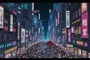 Studio ghibli anime style of a futuristic city, bathed in the glow of neon lights, stretches as far as the eye can see. Towering skyscrapers made of glass and steel dominate the skyline, their surfaces reflecting the vibrant colors of holographic advertisements and flying vehicles zooming between the buildings. Down on the streets, a bustling crowd of people, some human and some cybernetically enhanced, moves through the city, illuminated by the glow of the surrounding lights. The air is filled with the hum of advanced technology, and the city feels alive, a testament to human ingenuity and progress. Yet, beneath the dazzling exterior, there’s a sense of mystery, as if the city holds secrets waiting to be uncovered.