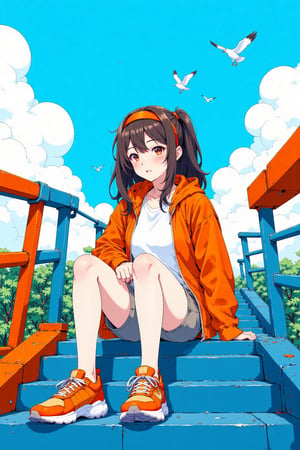 It depicts a young woman sitting on a blue and orange staircase, set against a bright, clear blue sky with fluffy white clouds. She has long, dark brown hair, tied back with an orange headband, and wears an orange jacket over a white shirt and gray shorts. Her expression is thoughtful and slightly melancholic. Her footwear consists of orange sneakers with white soles. The background includes a few birds flying, one of which is a seagull. The staircase railing is a mix of blue and orange, with a few wires and pipes visible, giving the scene a slightly industrial feel. The overall color palette is vibrant, with the bright oranges contrasting sharply against the cool blues and whites.