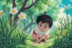 anime style image of a curious child explores an overgrown garden, her small hands brushing through tall grasses and wildflowers. She crouches down to observe a ladybug crawling along a leaf, her wide eyes filled with wonder. Sunlight filters through the trees, casting dappled patterns on her face and illuminating the soft green and yellow hues of the plants around her. The air is filled with the earthy scent of damp soil and blooming flowers, and a gentle breeze rustles through the foliage. The scene is innocent and full of discovery, capturing a moment of pure curiosity in nature.